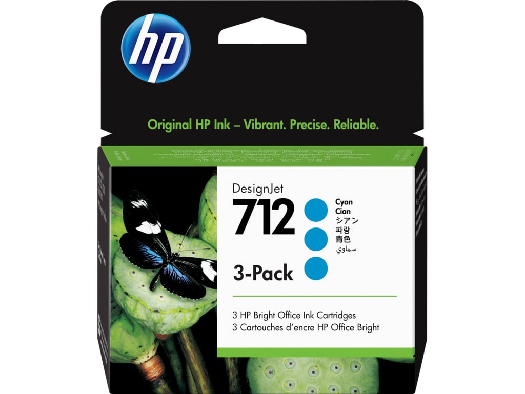 HP 712 Cyan 3 Pack Ink Cartridges - 3ED77A Designjet Ink, 29ml Each (712)