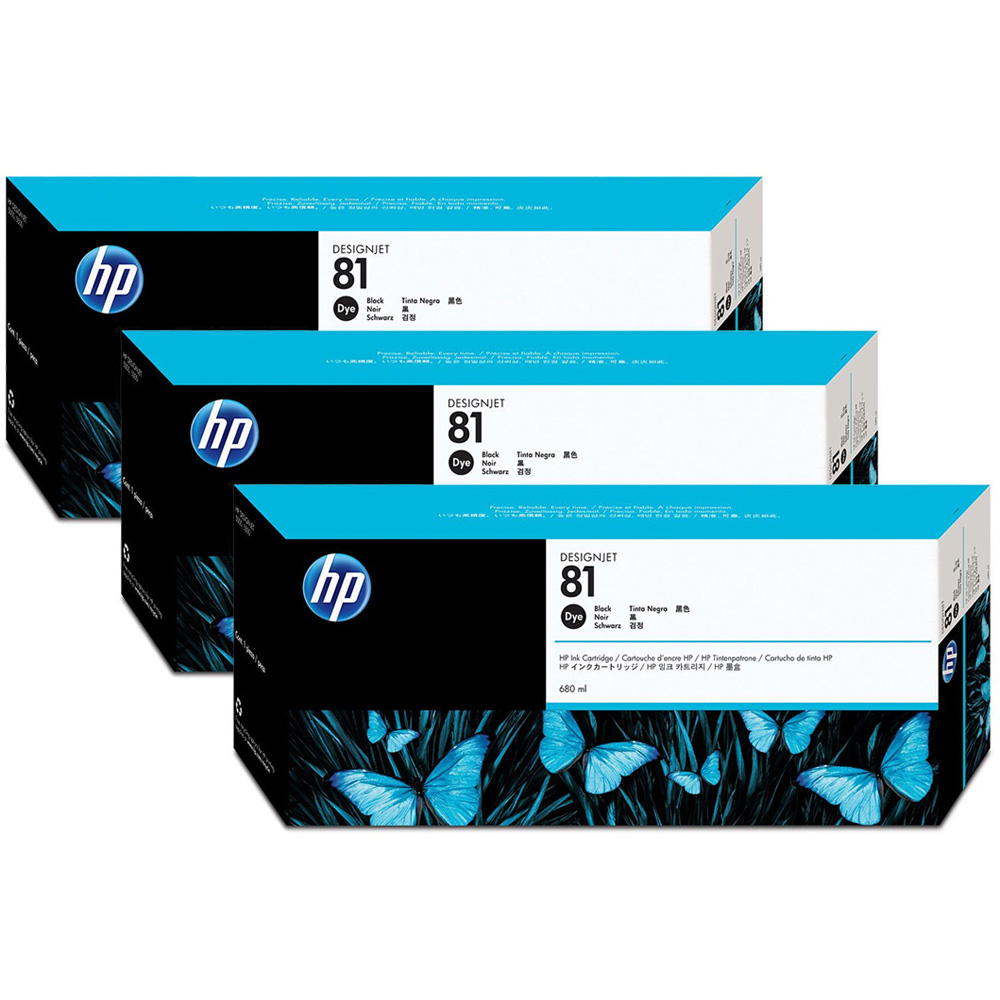 HP 81 Black DesignJet 3 Pack Dye Ink Cartridges C5066A (C5066A)