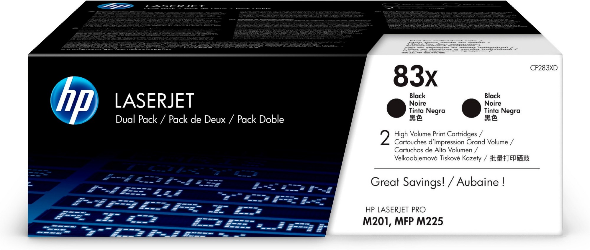 High Capacity Black HP 83X Toner Cartridge Twin Pack, 2.2K Page Yield Each (CF283XD)