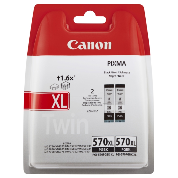 Canon 570XL High Capacity Twin Pack Black Ink Cartridge - PGI 570XL PGBK, 44ml (PGI-570XLBK2)