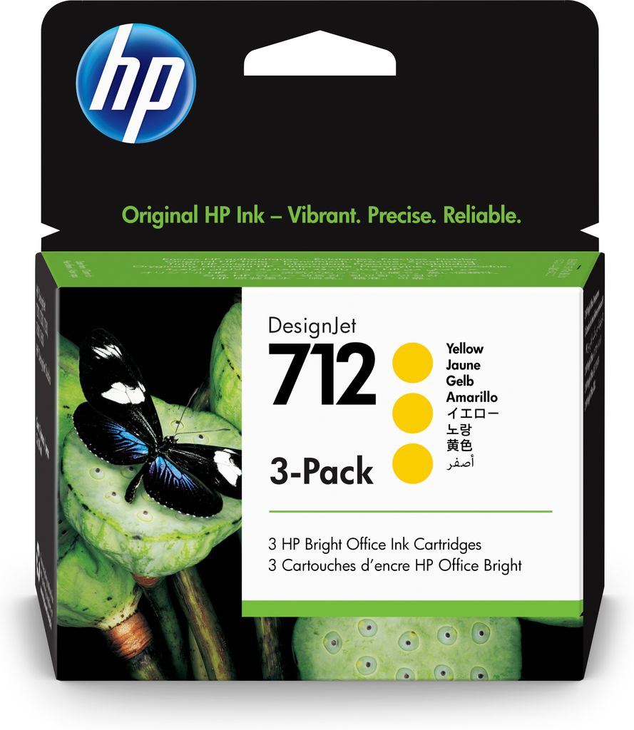 HP 712 Yellow 3 Pack Ink Cartridges - 3ED79A Designjet Ink, 29ml Each