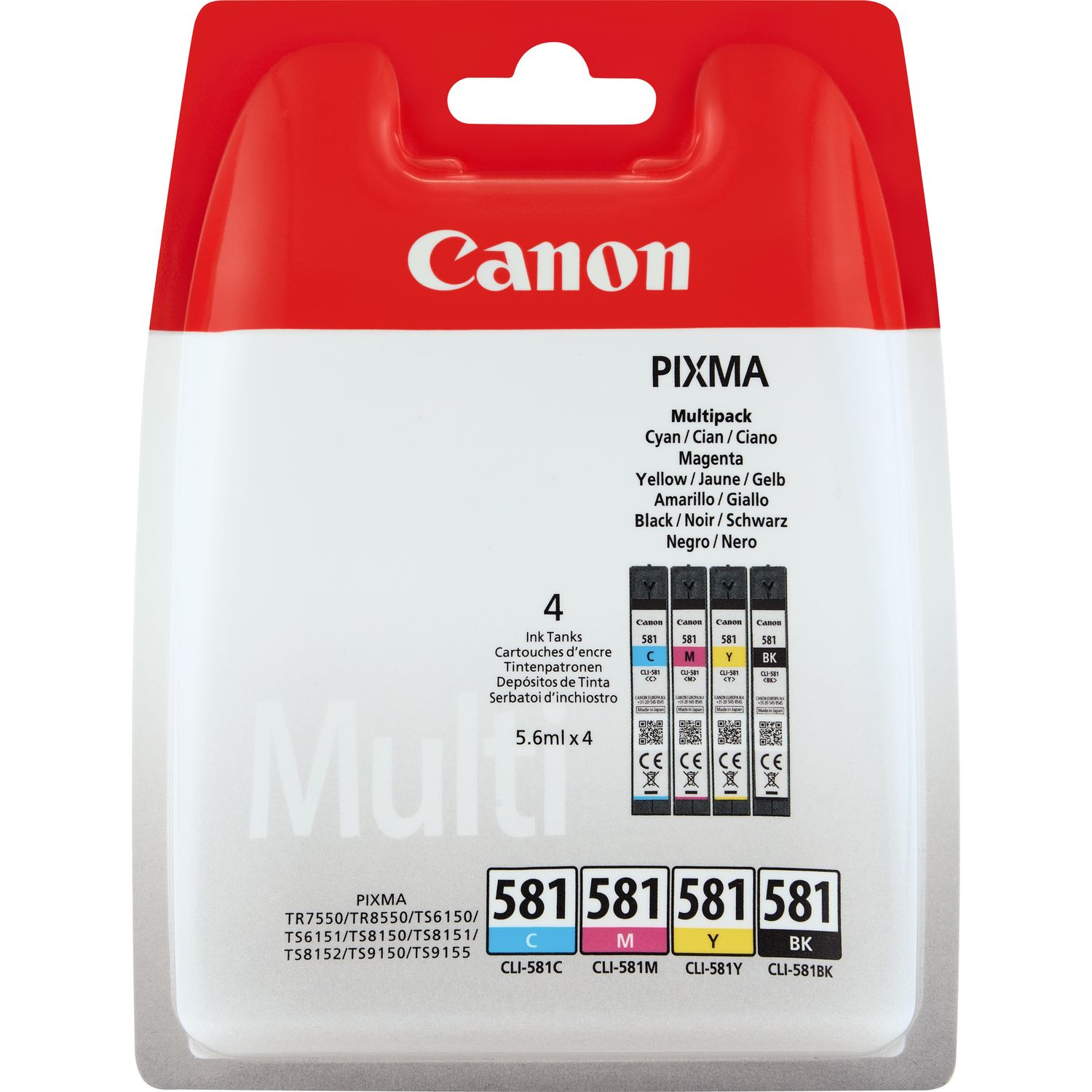 Canon 581 Multi Pack CMYK Ink Cartridges - CLI 581 CMYK, 22.4ml (CLI-581CMYK)