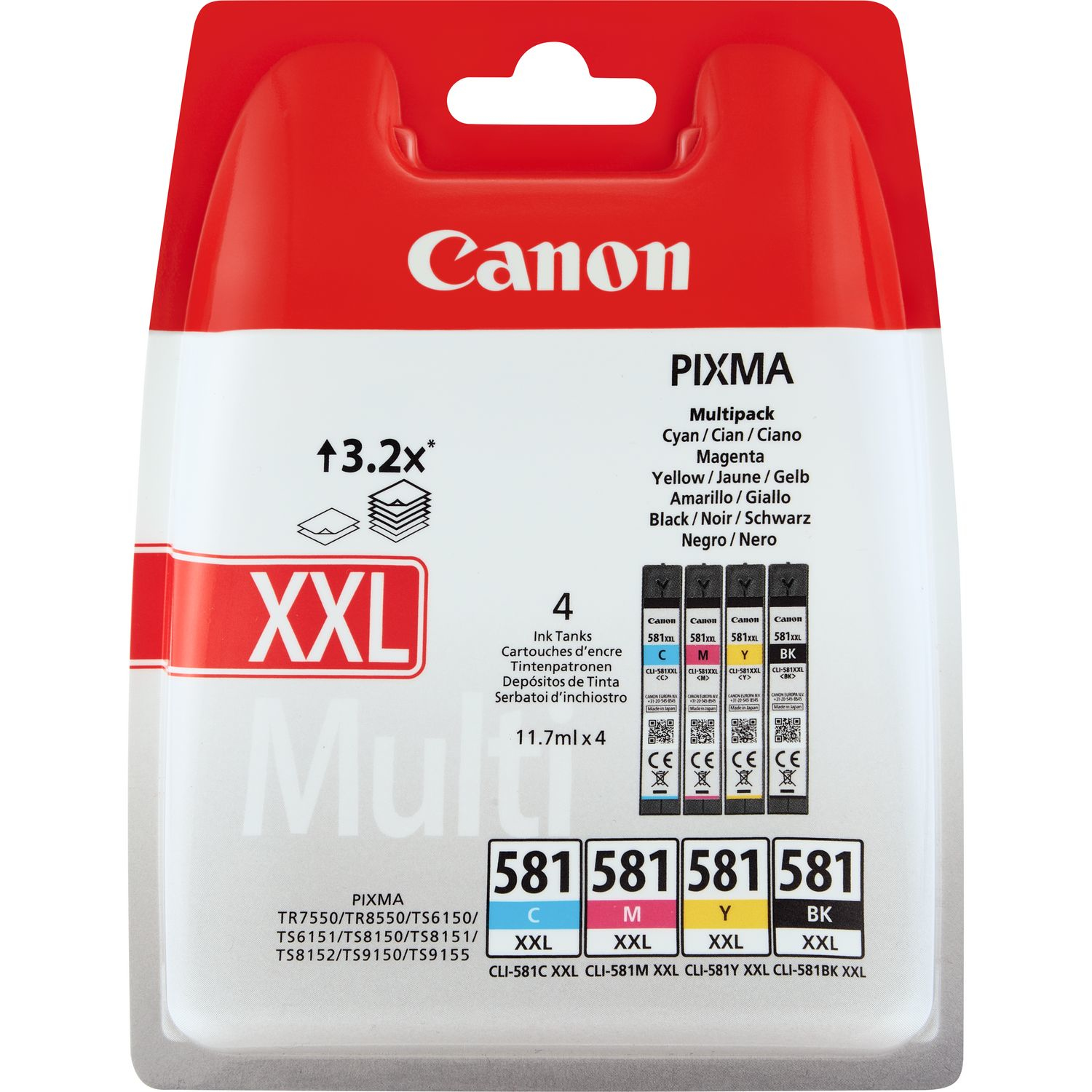 Extra High Capacity Canon CLI-581XXL Multipack ink cartridge, 44ml (CLI-581XXL-CMYK)