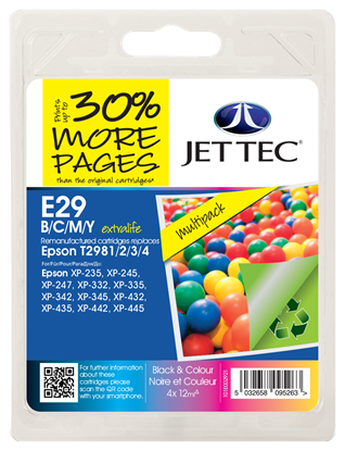 Jet Tec Black, Cyan, Magenta, Yellow Ink Cartridges Multi Pack BK/C/M/Y Ink Cartridges for T298640 (E29BCMY)