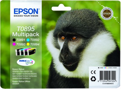 Epson T0895 DuraBrite Ultra Multi Pack Black, Cyan, Magenta, Yellow Ink Cartridges (Monkey)